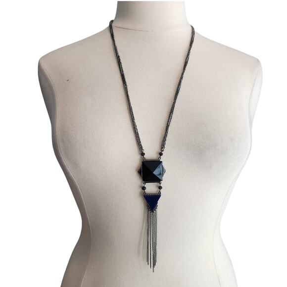 Express Gunmetal Multi-Strand Geometric Pendant Necklace with Tassels - Picture 1 of 7